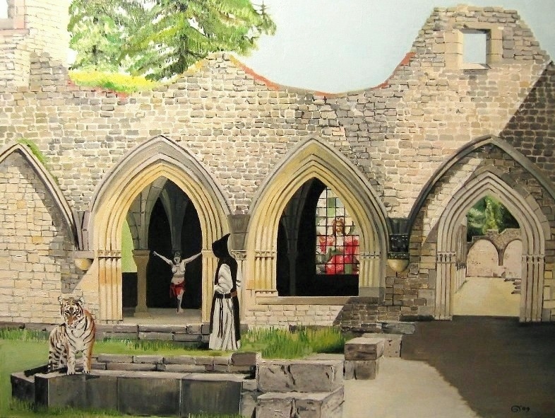Magisch Realisme Ruine Orval Belgie, Olieverf op doek, 80x100 cm, Peter Boonstra, kunstschilder Almere